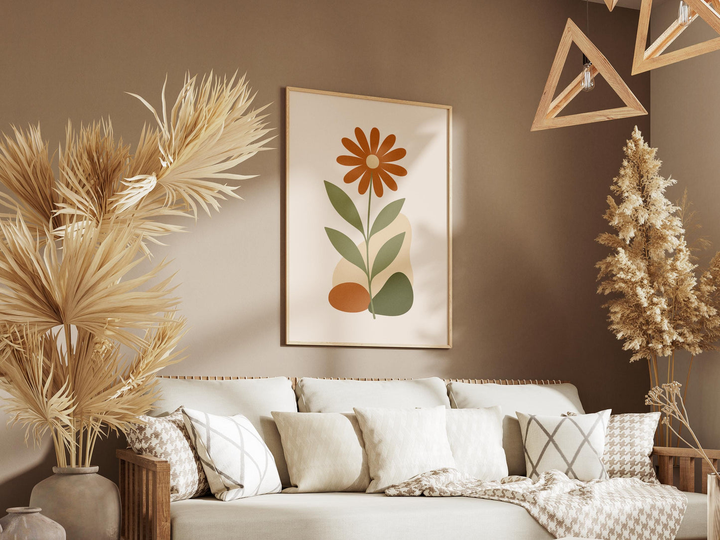 Poster Floral Minimaliste | Affiche Murale Digitale Plante Verte Et Fleur Ocre | Art Nature Abstrait | Téléchargement Instantané | Ambiance Boho
