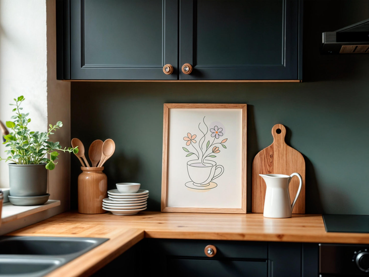 Affiche minimaliste Tasse de thé florale – Illustration printanière zen, art mural pastel, déco cuisine ou salon, Line Art moderne