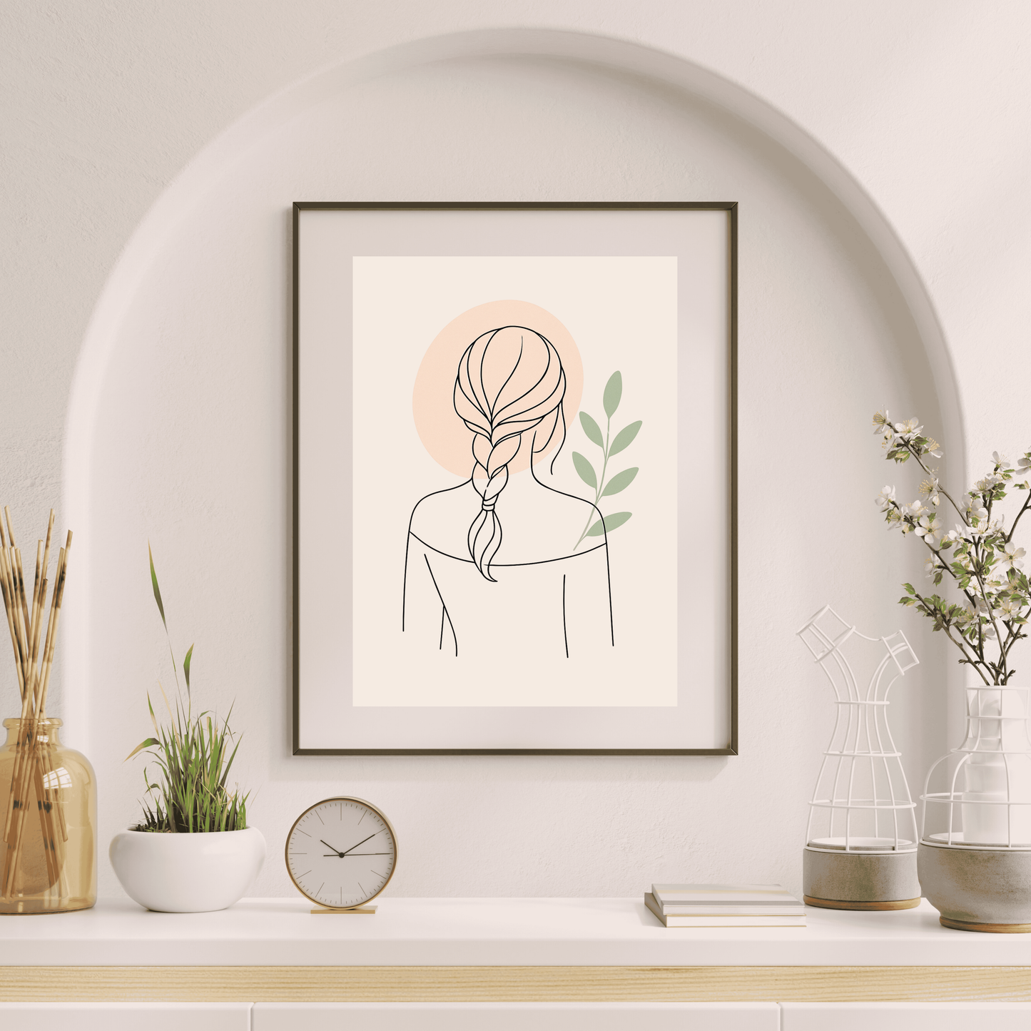 Affiche digitale à Télécharger d'une Femme avec Tresse | Poster à imprimer Line Art Botanique Minimaliste