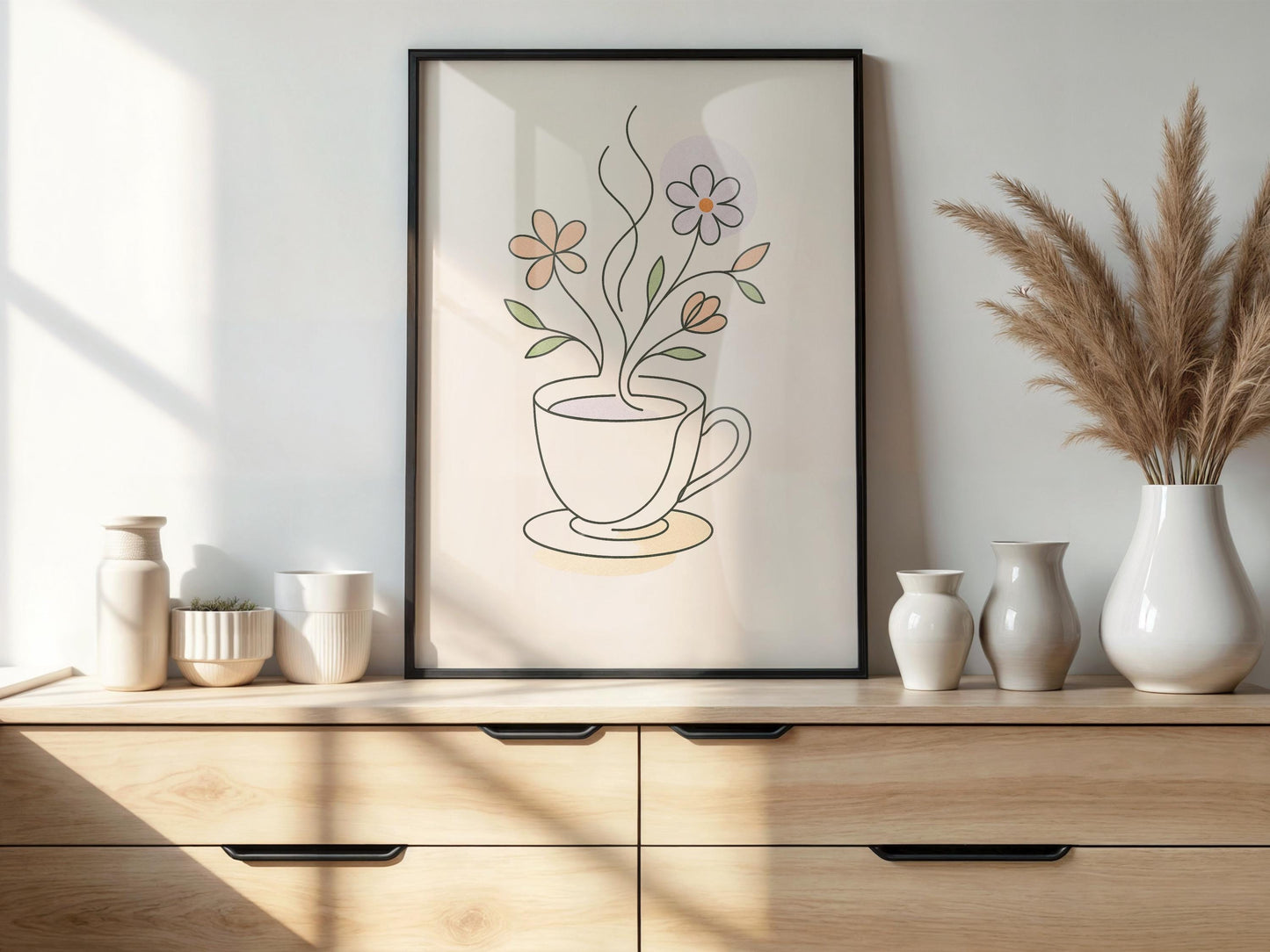 Affiche minimaliste Tasse de thé florale – Illustration printanière zen, art mural pastel, déco cuisine ou salon, Line Art moderne