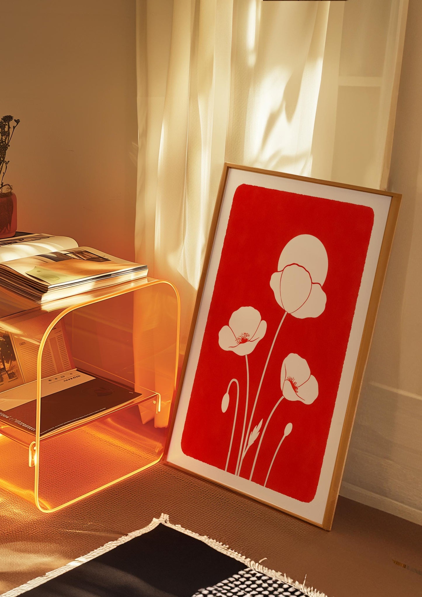 Affiche digitale Coquelicots blancs minimaliste – Poster à imprimer style botanique, fond rouge vif, déco murale moderne pour l'Été 2025