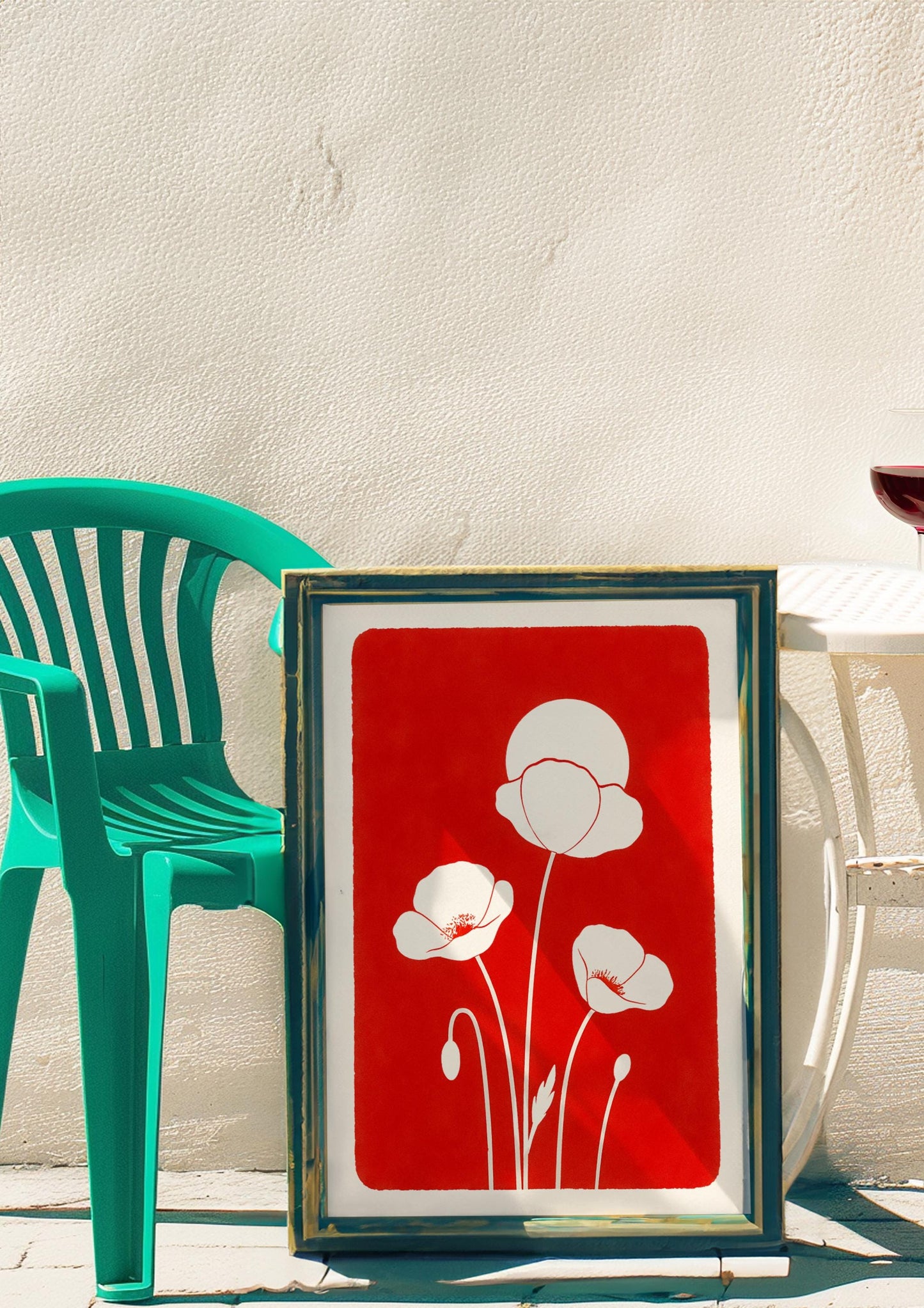 Affiche digitale Coquelicots blancs minimaliste – Poster à imprimer style botanique, fond rouge vif, déco murale moderne pour l'Été 2025