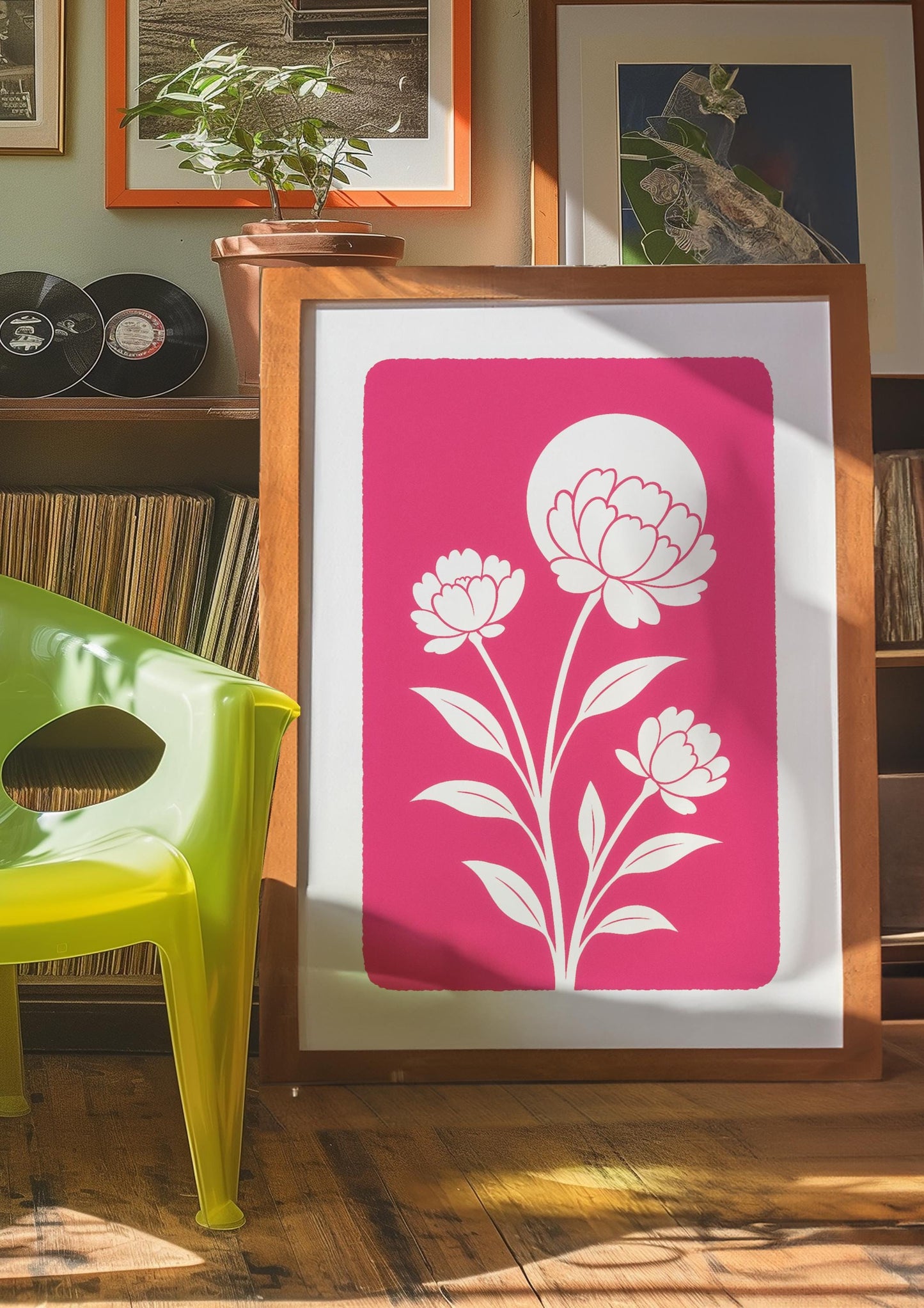 Affiche digitale Pivoines blanches minimalistes – Poster à imprimer fond rose fuchsia, déco murale florale moderne, ambiance été 2025