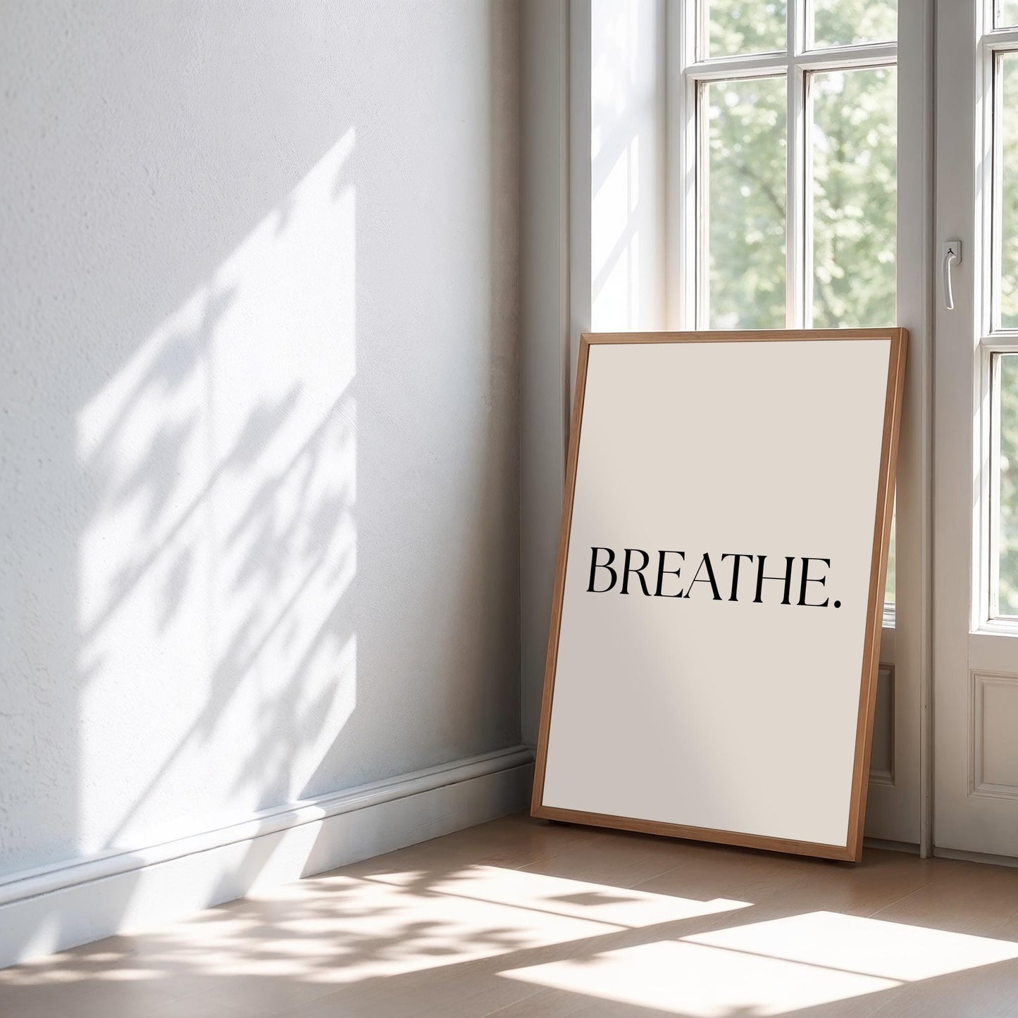 Affiche Typographique "BREATHE." – Poster Minimaliste à Imprimer – Art Mural Inspirant Noir et Beige pour Déco Moderne, Bureau ou Yoga Room