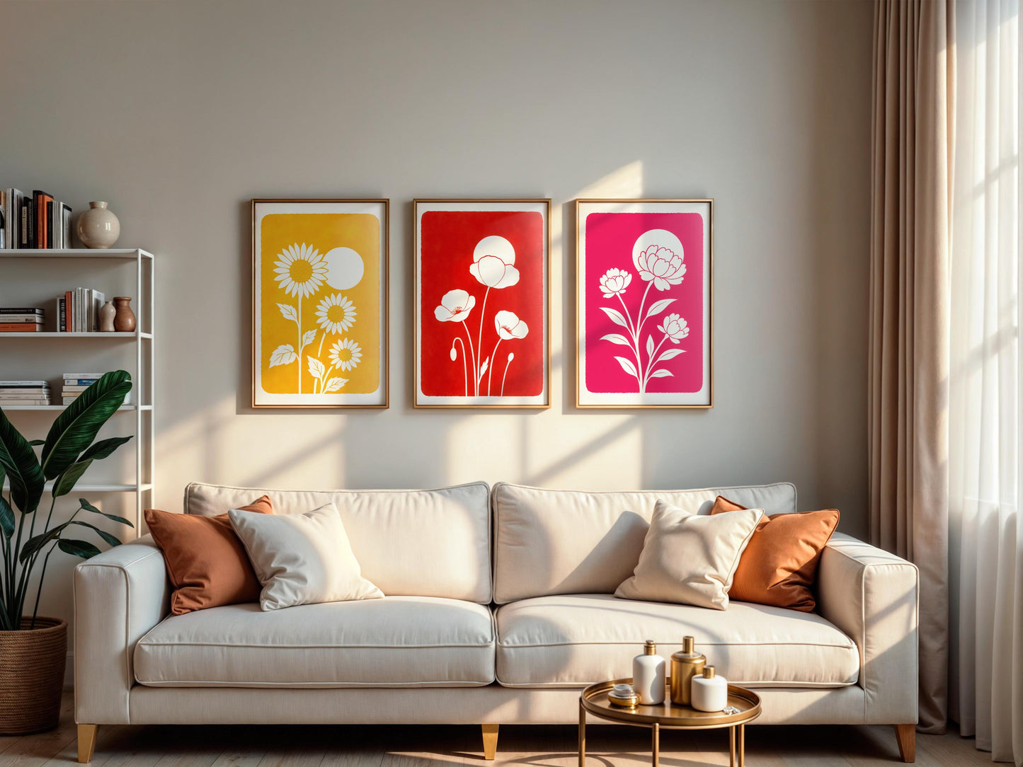 Affiche digitale Coquelicots blancs minimaliste – Poster à imprimer style botanique, fond rouge vif, déco murale moderne pour l'Été 2025