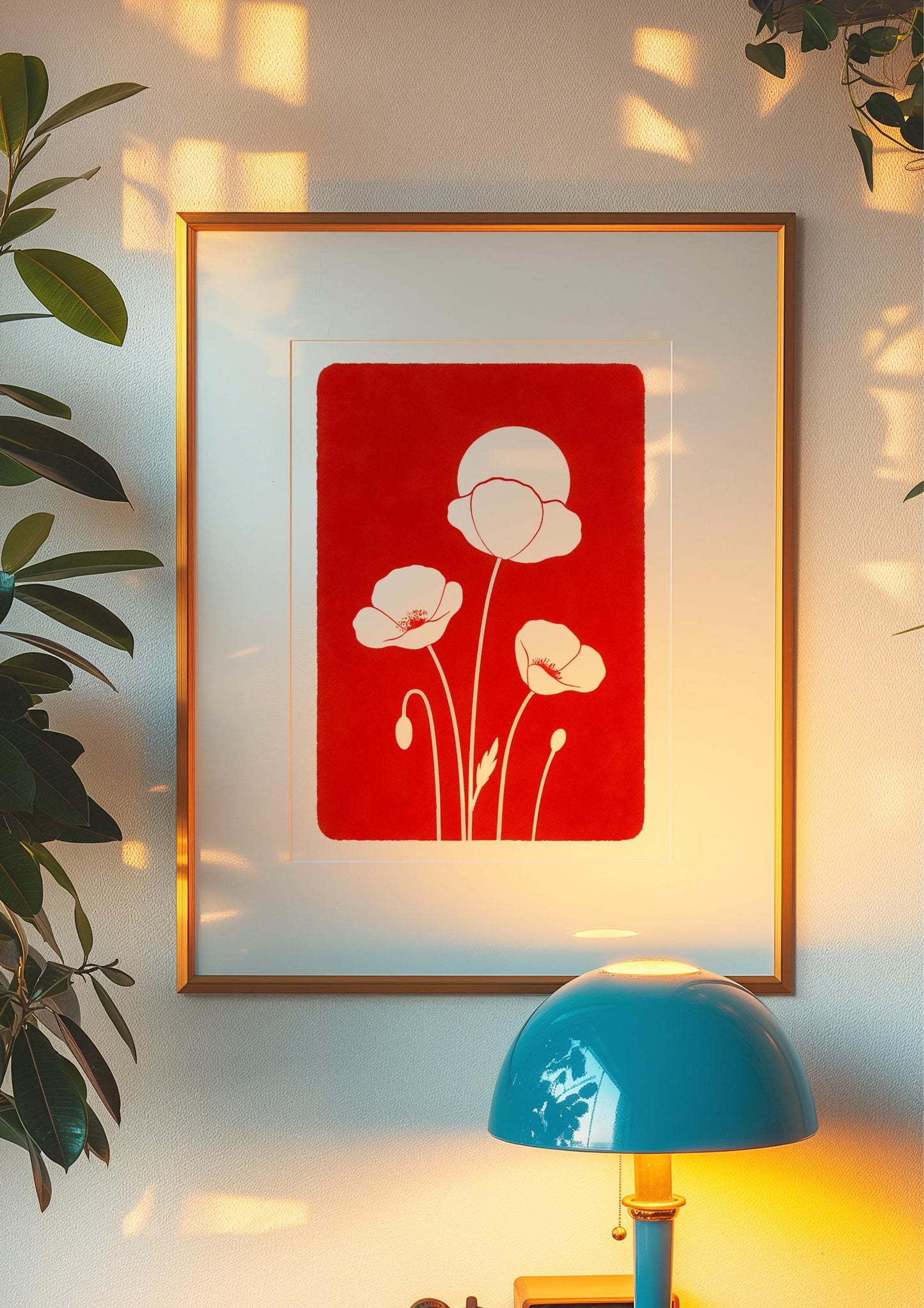 Affiche digitale Coquelicots blancs minimaliste – Poster à imprimer style botanique, fond rouge vif, déco murale moderne pour l'Été 2025