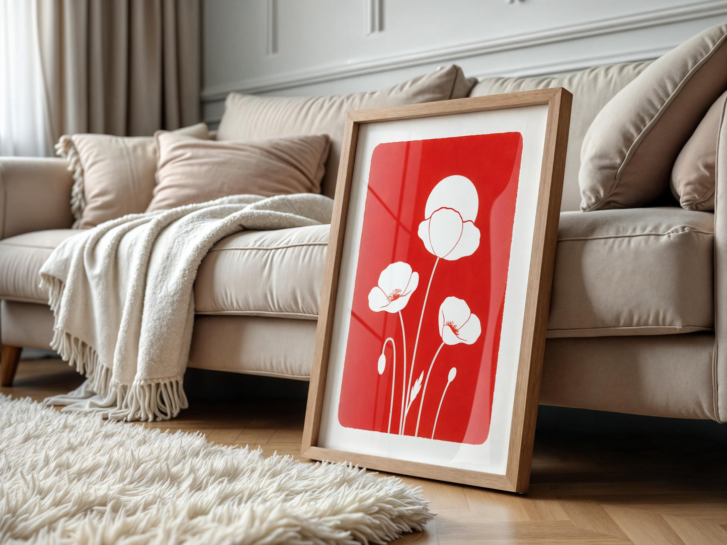 Affiche digitale Coquelicots blancs minimaliste – Poster à imprimer style botanique, fond rouge vif, déco murale moderne pour l'Été 2025
