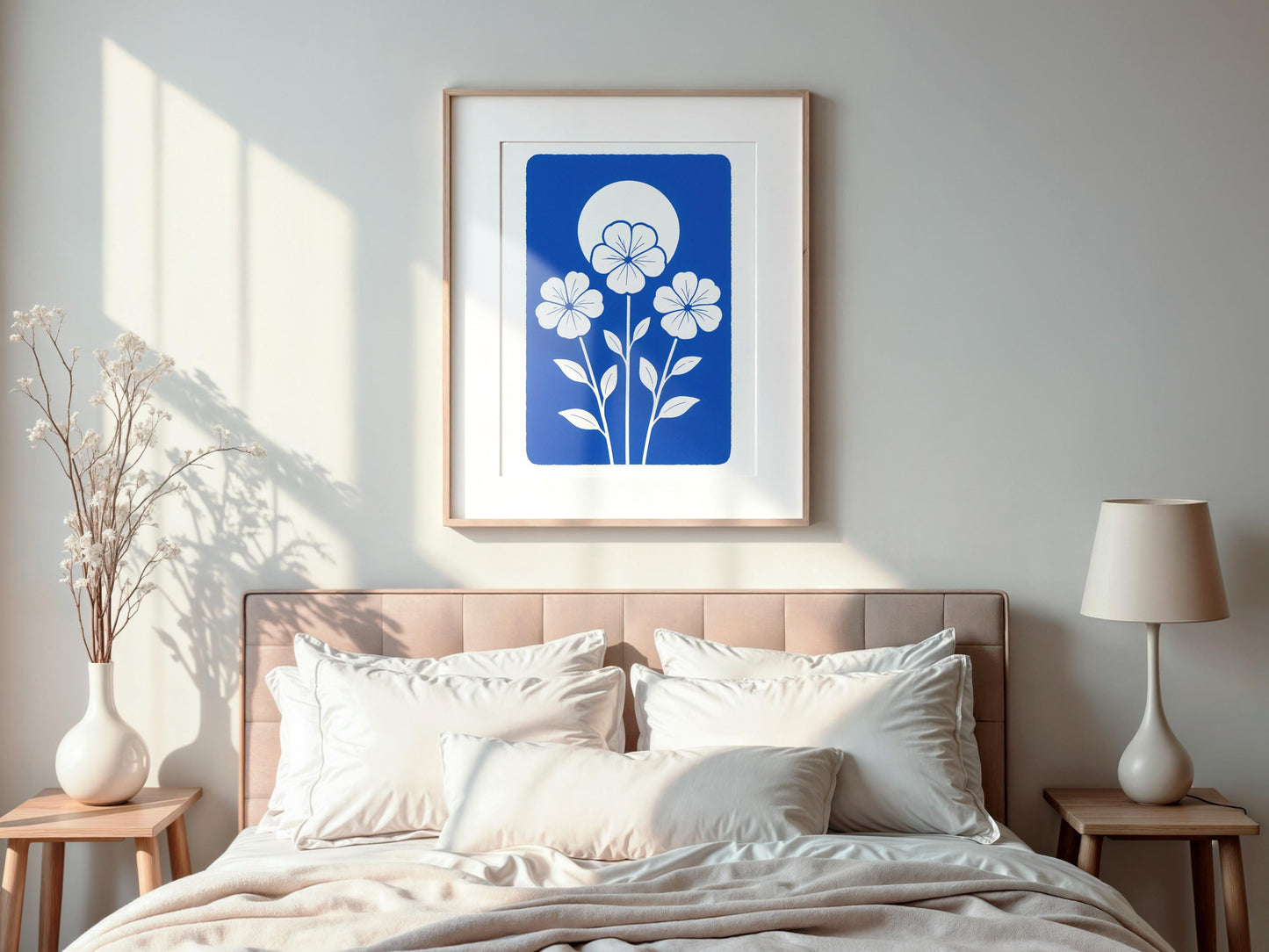 Affiche digitale Géraniums blancs – Poster floral minimaliste à imprimer fond bleu vif, déco murale botanique moderne ambiance été 2025