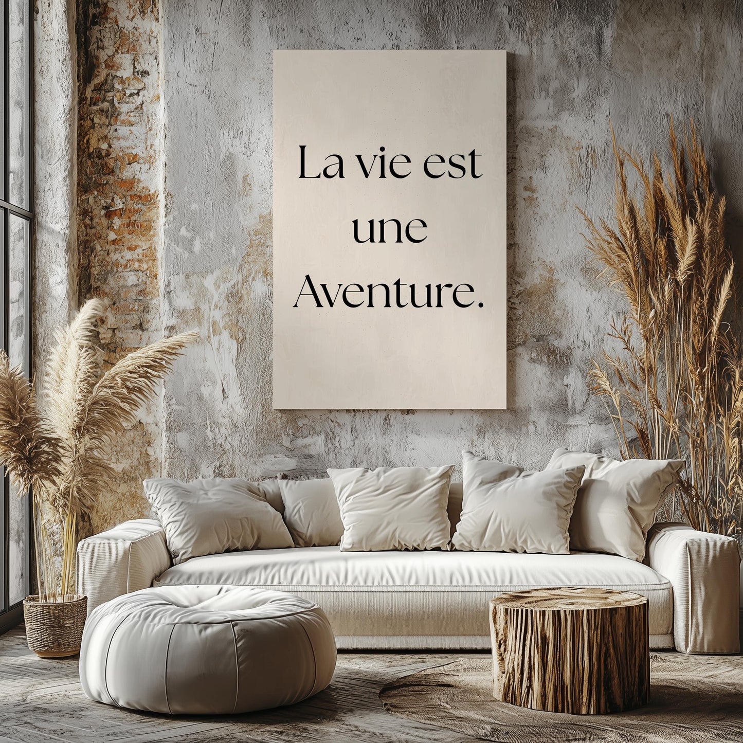 Affiche Citation Française "La vie est une aventure." – Poster Minimaliste à Imprimer – Art Inspirant Noir et Beige pour Déco Murale Moderne