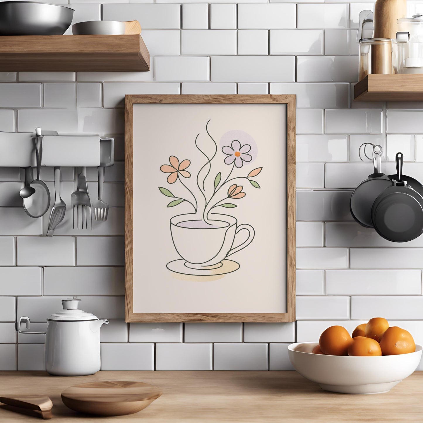 Affiche minimaliste Tasse de thé florale – Illustration printanière zen, art mural pastel, déco cuisine ou salon, Line Art moderne