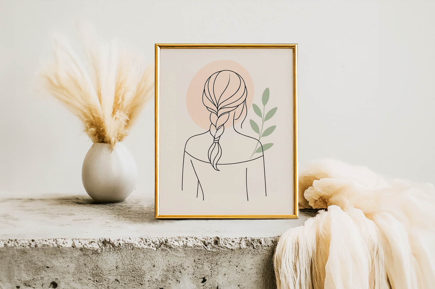 Affiche digitale à Télécharger d'une Femme avec Tresse | Poster à imprimer Line Art Botanique Minimaliste
