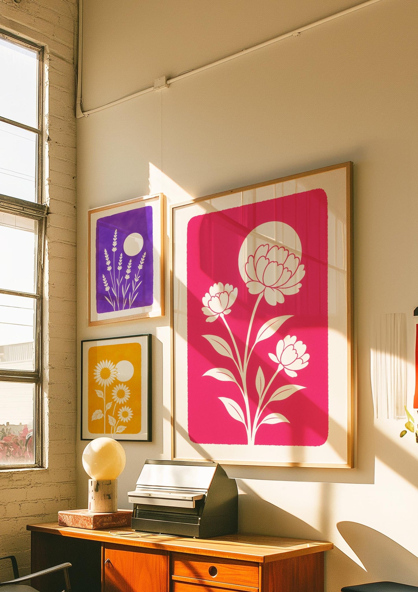 Affiche digitale Pivoines blanches minimalistes – Poster à imprimer fond rose fuchsia, déco murale florale moderne, ambiance été 2025