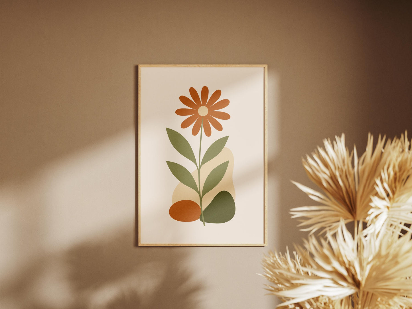 Poster Floral Minimaliste | Affiche Murale Digitale Plante Verte Et Fleur Ocre | Art Nature Abstrait | Téléchargement Instantané | Ambiance Boho