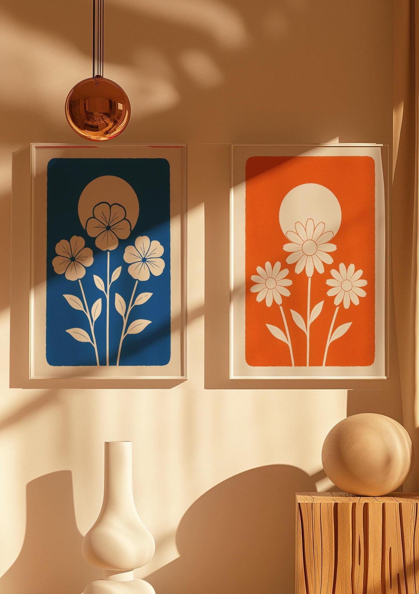 Affiche digitale Géraniums blancs – Poster floral minimaliste à imprimer fond bleu vif, déco murale botanique moderne ambiance été 2025