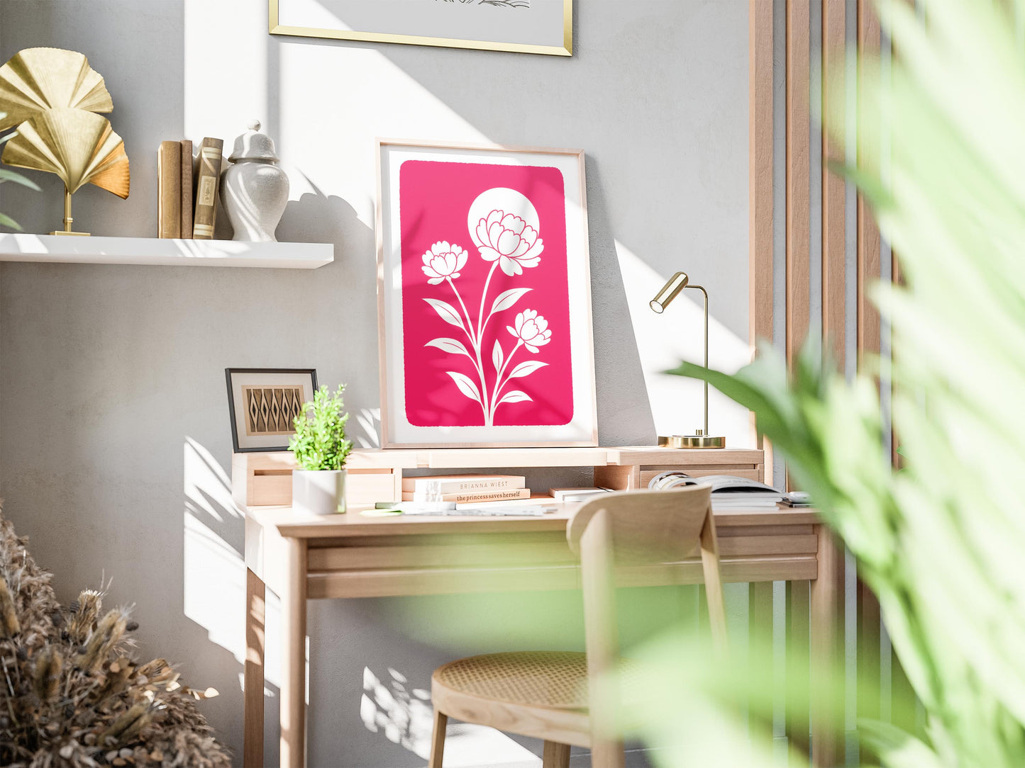 Affiche digitale Pivoines blanches minimalistes – Poster à imprimer fond rose fuchsia, déco murale florale moderne, ambiance été 2025
