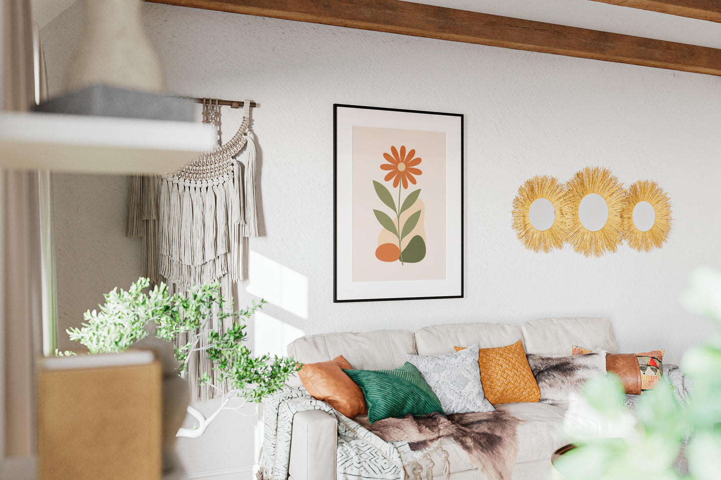 Poster Floral Minimaliste | Affiche Murale Digitale Plante Verte Et Fleur Ocre | Art Nature Abstrait | Téléchargement Instantané | Ambiance Boho