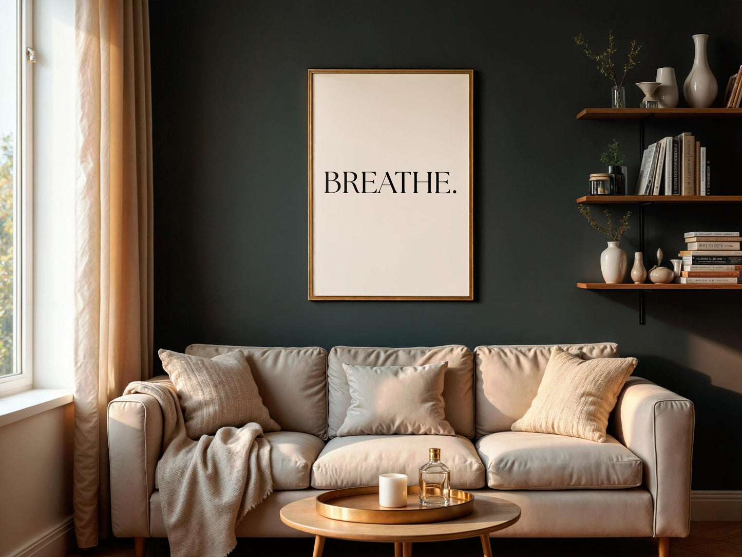 Affiche Typographique "BREATHE." – Poster Minimaliste à Imprimer – Art Mural Inspirant Noir et Beige pour Déco Moderne, Bureau ou Yoga Room