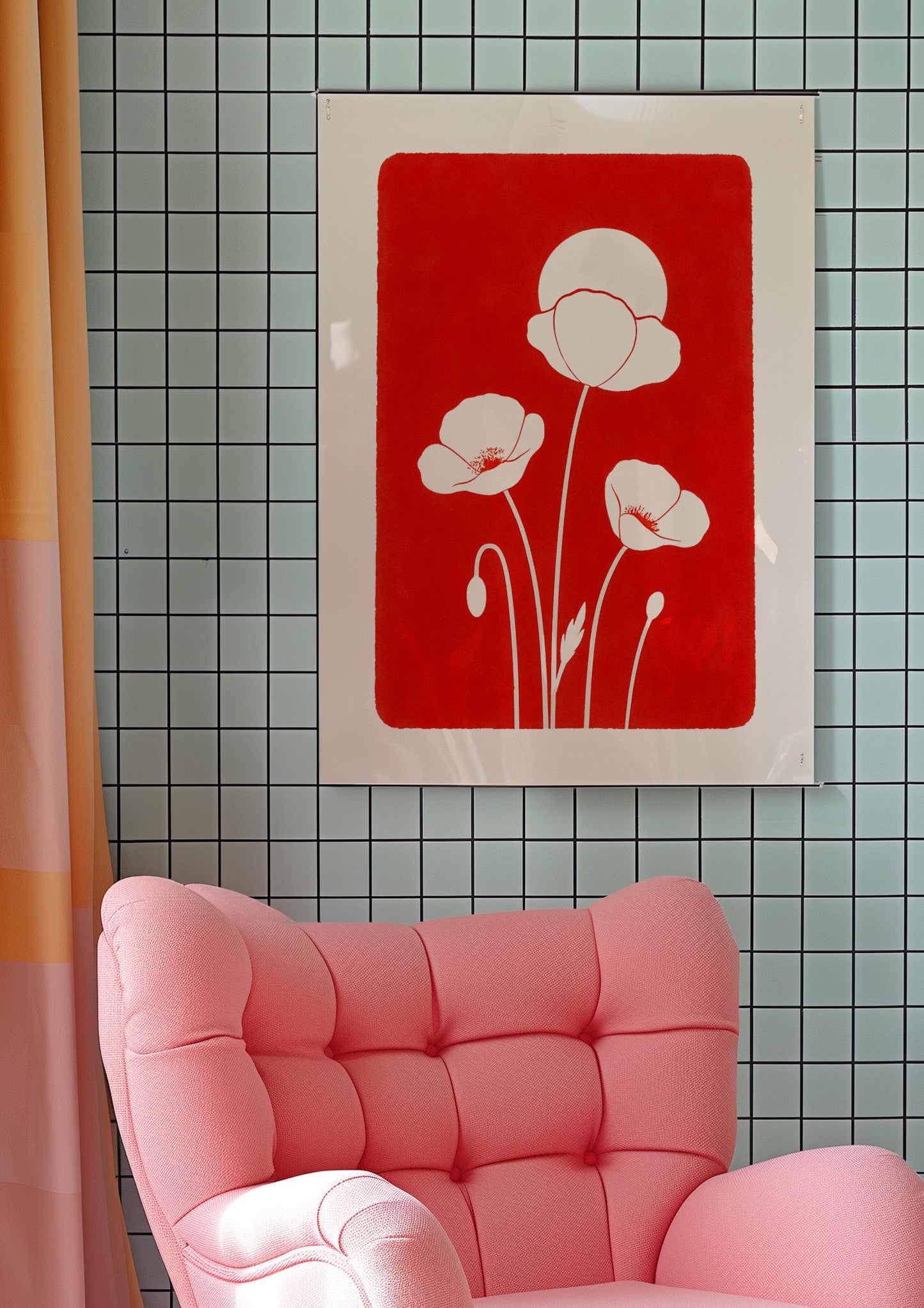 Affiche digitale Coquelicots blancs minimaliste – Poster à imprimer style botanique, fond rouge vif, déco murale moderne pour l'Été 2025