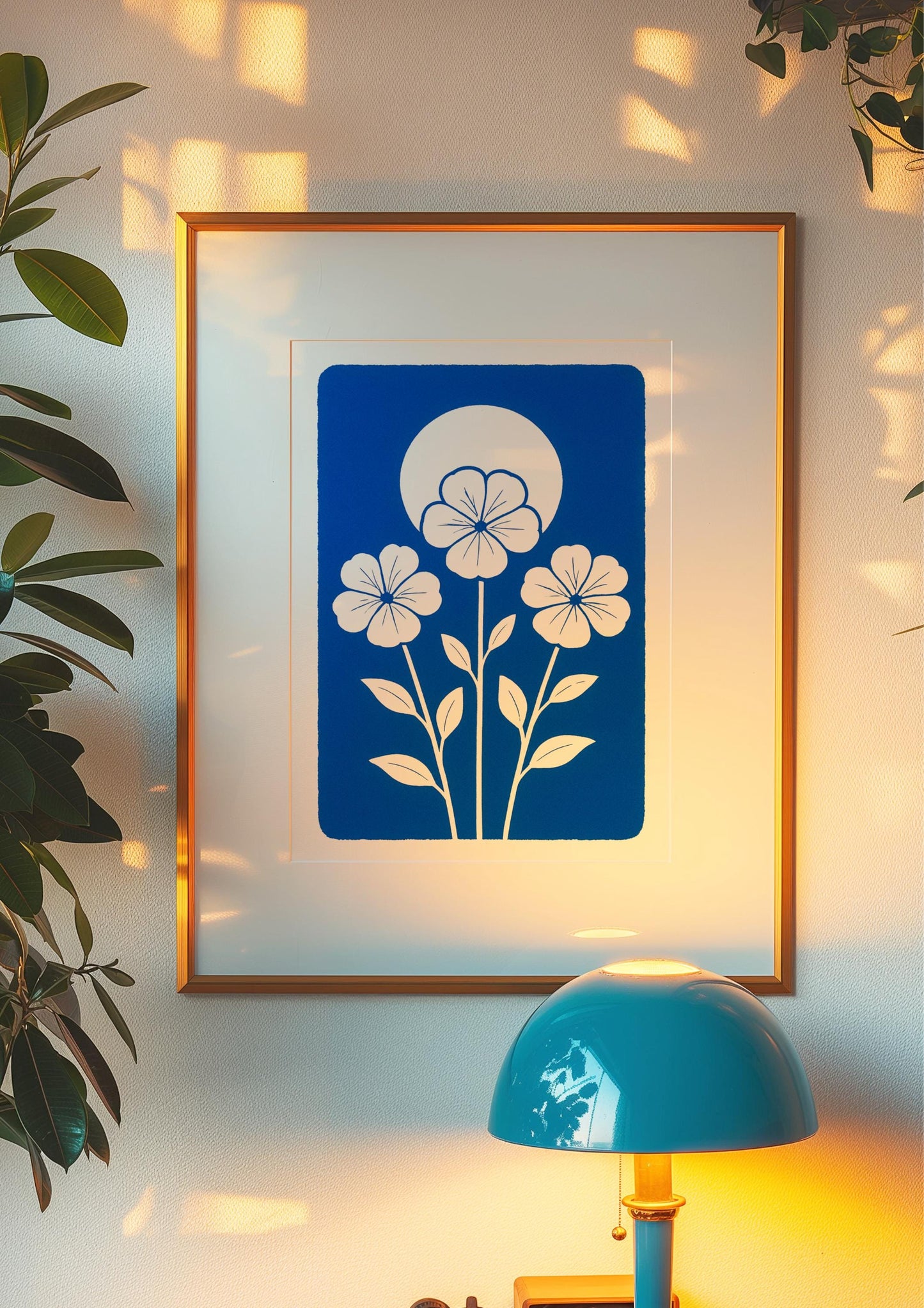Affiche digitale Géraniums blancs – Poster floral minimaliste à imprimer fond bleu vif, déco murale botanique moderne ambiance été 2025