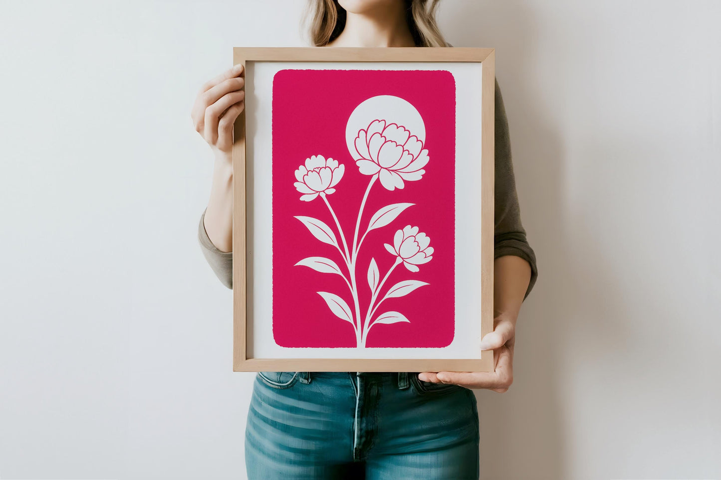 Affiche digitale Pivoines blanches minimalistes – Poster à imprimer fond rose fuchsia, déco murale florale moderne, ambiance été 2025
