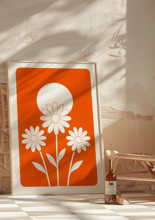 Affiche digitale Marguerites blanches minimaliste – Poster à imprimer fond orange vibrant, art mural floral moderne Décoration Été 2025