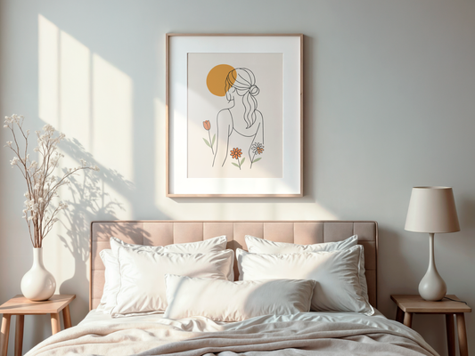 Affiche Digitale Femme de Dos et Fleurs – Poster Minimaliste Boho Printanier à Imprimer – Line Art Moderne