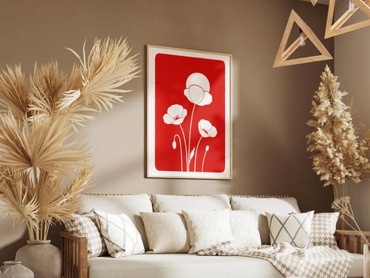 Affiche digitale Coquelicots blancs minimaliste – Poster à imprimer style botanique, fond rouge vif, déco murale moderne pour l'Été 2025
