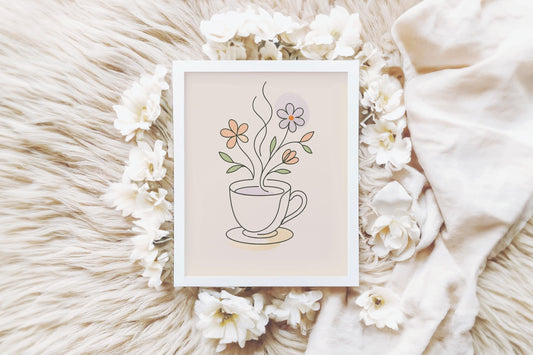 Affiche minimaliste Tasse de thé florale – Illustration printanière zen, art mural pastel, déco cuisine ou salon, Line Art moderne