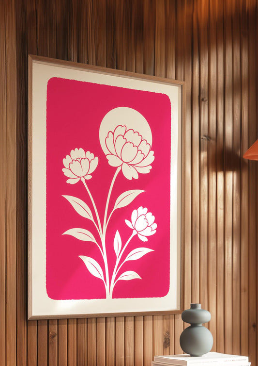 Affiche digitale Pivoines blanches minimalistes – Poster à imprimer fond rose fuchsia, déco murale florale moderne, ambiance été 2025