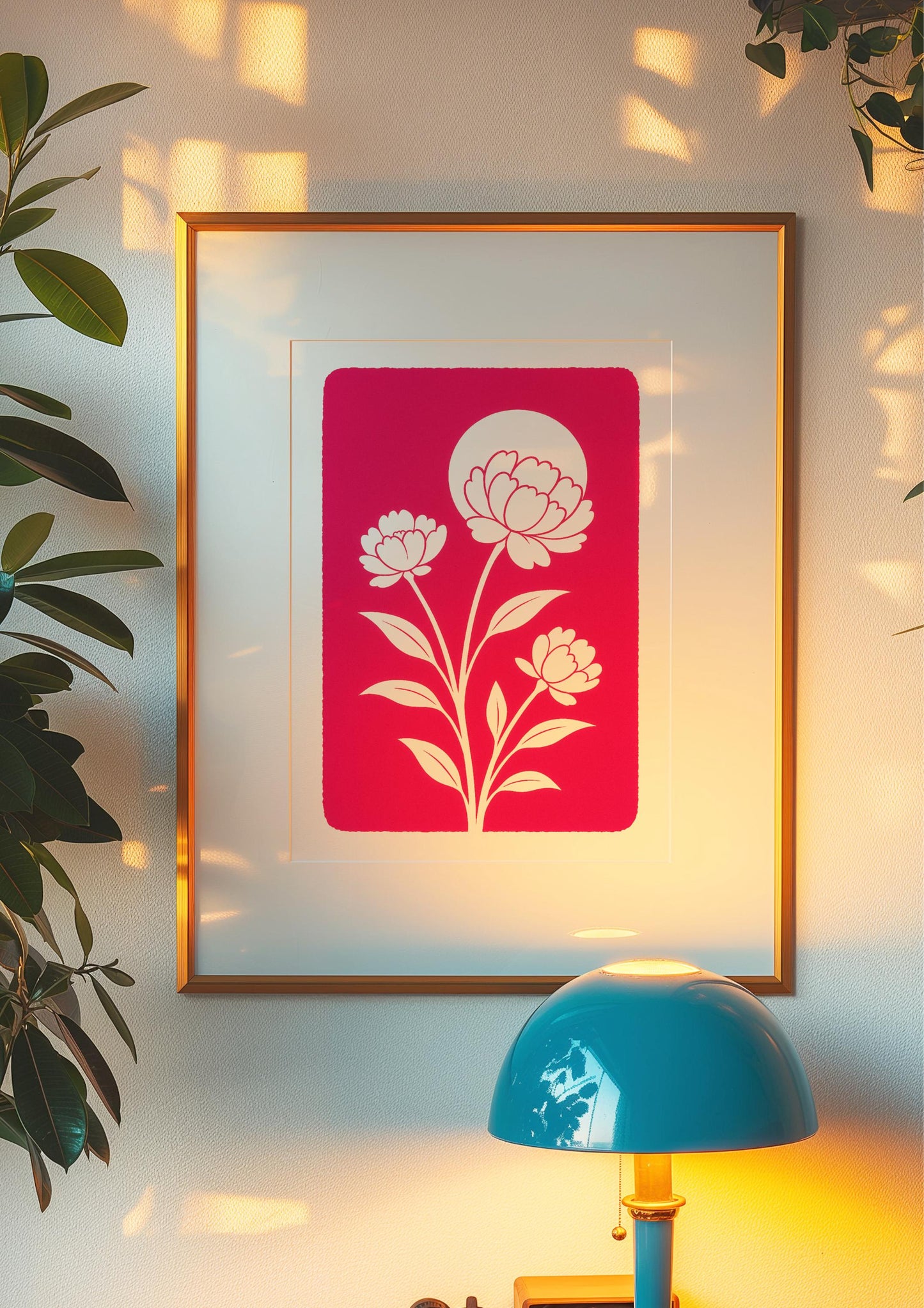 Affiche digitale Pivoines blanches minimalistes – Poster à imprimer fond rose fuchsia, déco murale florale moderne, ambiance été 2025