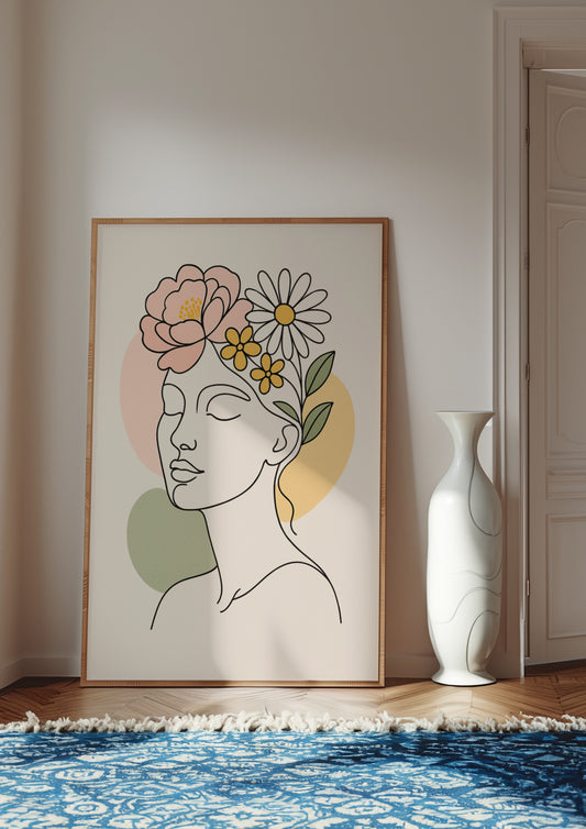 Affiche Digitale Femme Florale | Poster Line Art Minimaliste à Imprimer | Illustration Colorée Fleurs et Silhouette