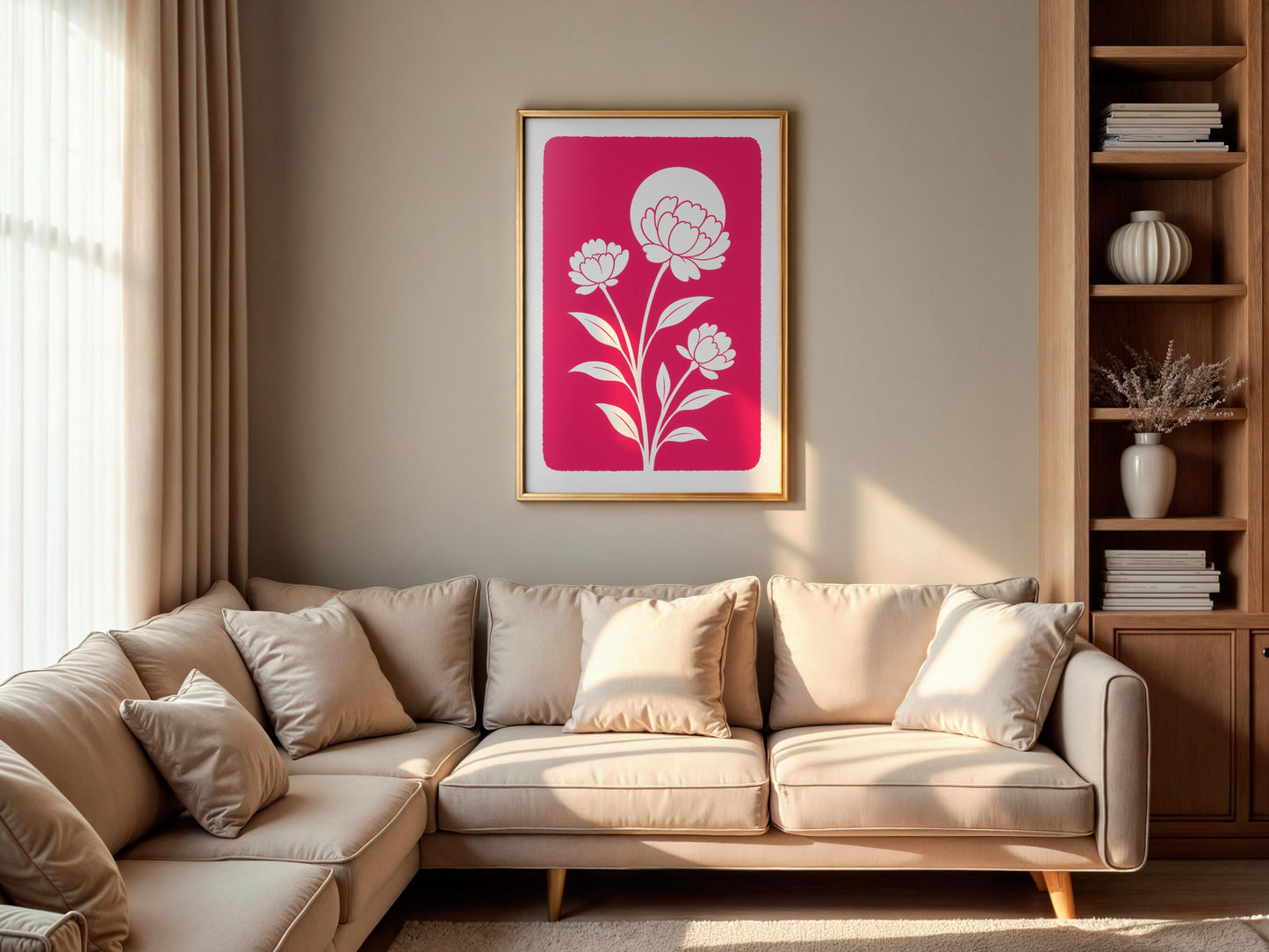 Affiche digitale Pivoines blanches minimalistes – Poster à imprimer fond rose fuchsia, déco murale florale moderne, ambiance été 2025