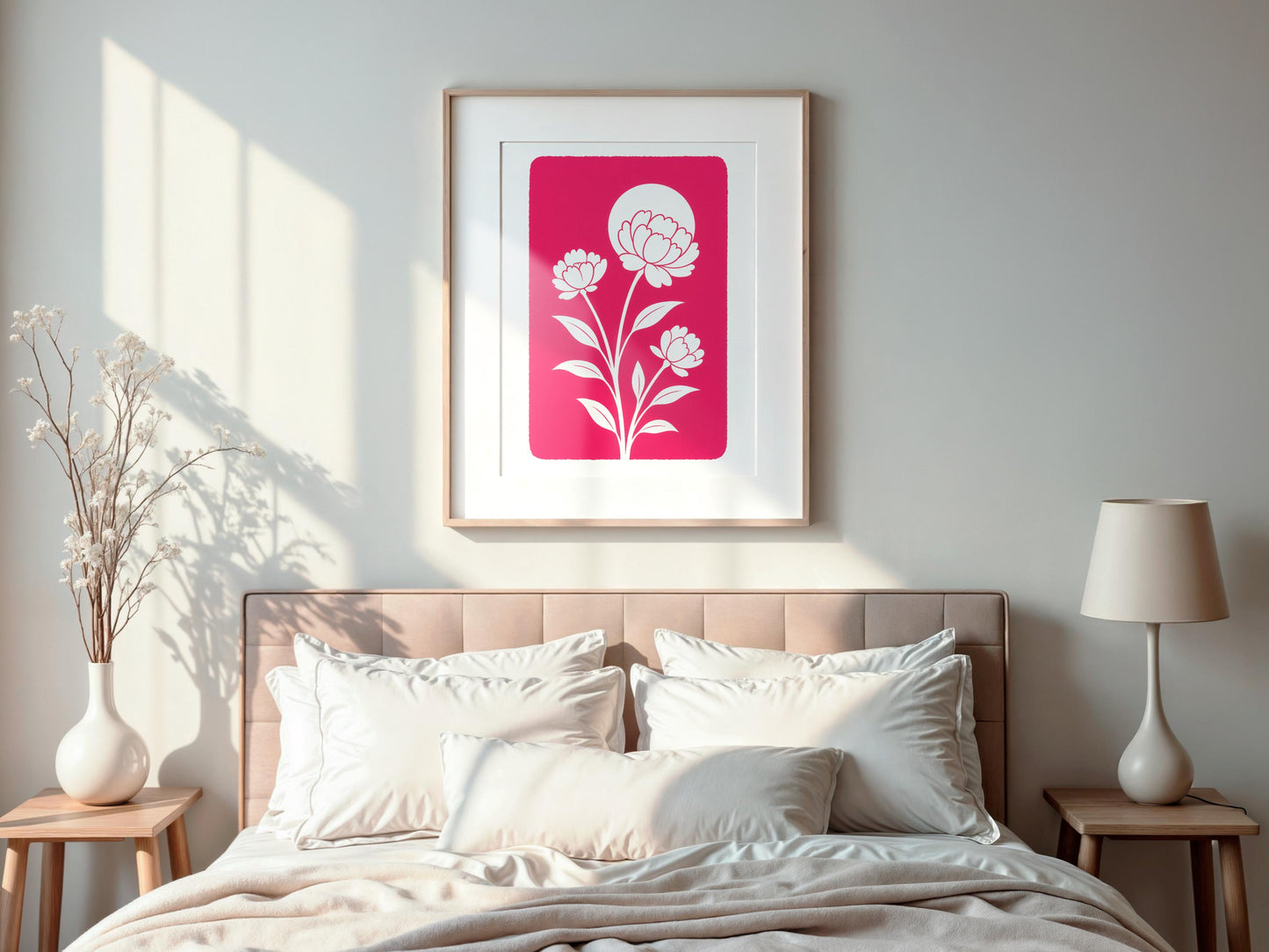 Affiche digitale Pivoines blanches minimalistes – Poster à imprimer fond rose fuchsia, déco murale florale moderne, ambiance été 2025