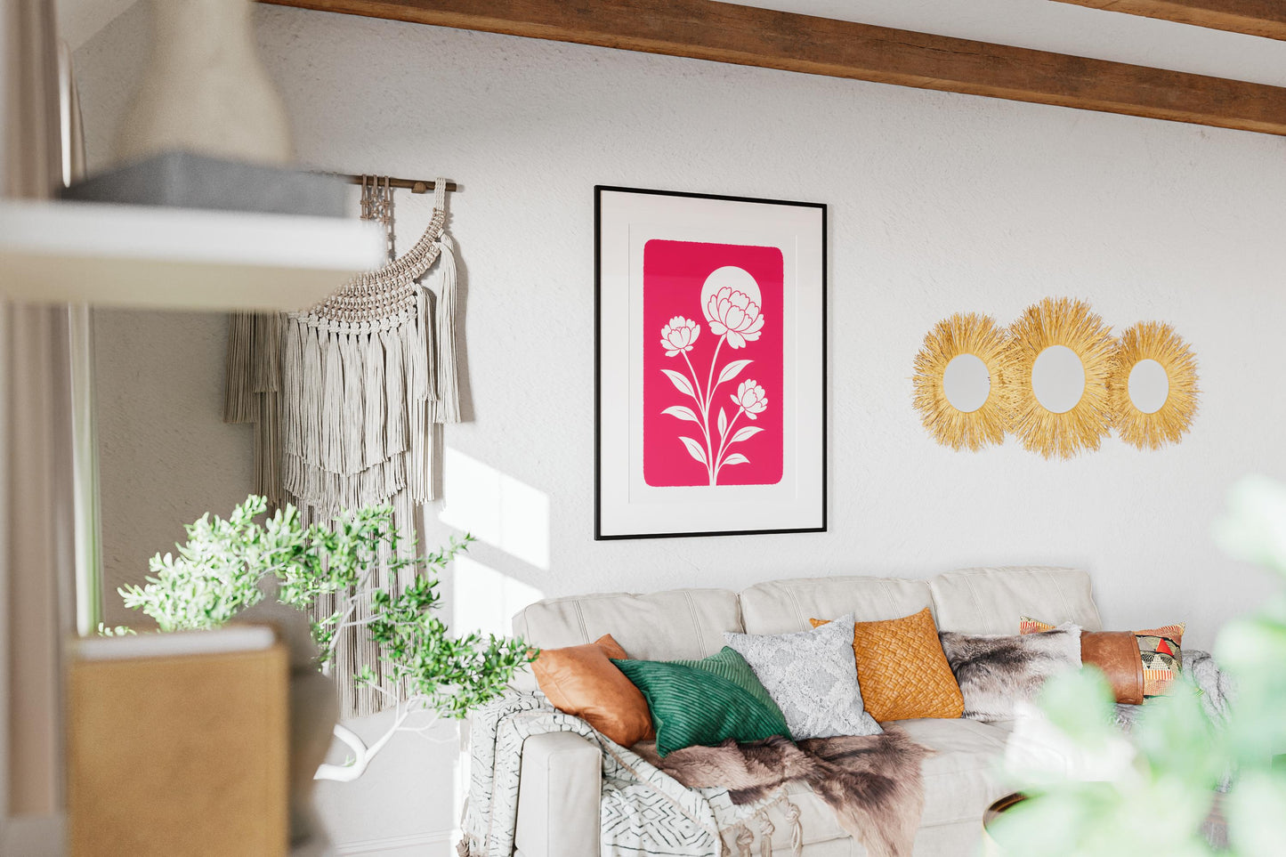 Affiche digitale Pivoines blanches minimalistes – Poster à imprimer fond rose fuchsia, déco murale florale moderne, ambiance été 2025