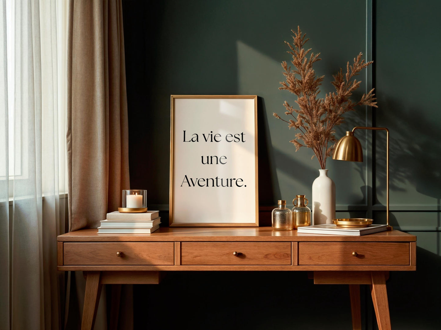 Affiche Citation Française "La vie est une aventure." – Poster Minimaliste à Imprimer – Art Inspirant Noir et Beige pour Déco Murale Moderne