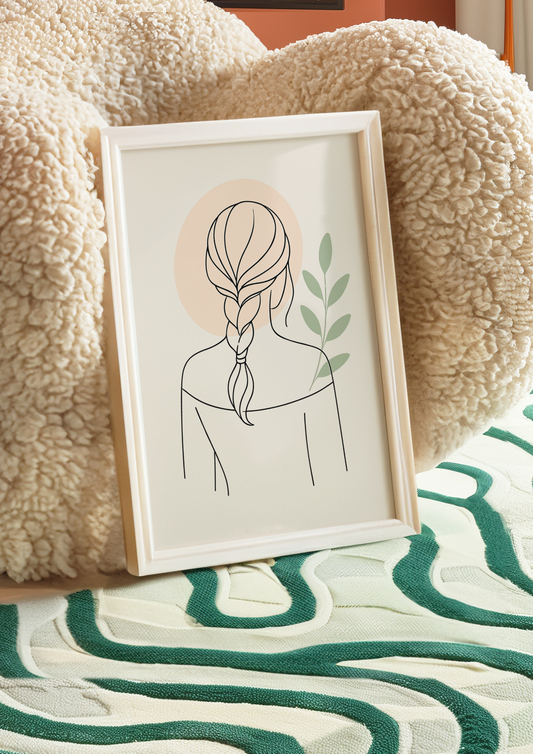 Affiche digitale à Télécharger d'une Femme avec Tresse | Poster à imprimer Line Art Botanique Minimaliste
